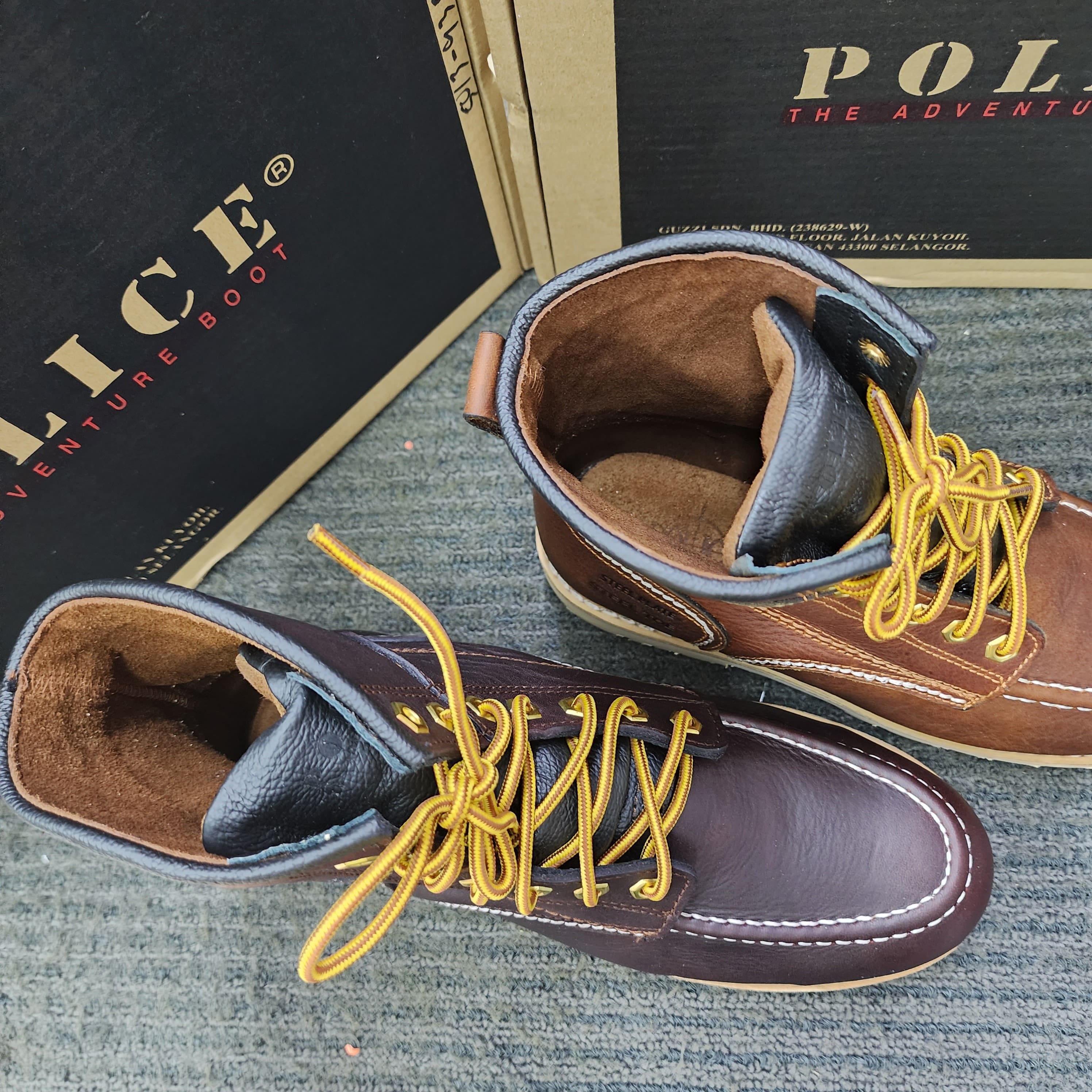 POLICE SAFETY 93598 Mid Cut Lace Up Safety Shoes leather Brown Maroon Kasut Keselamatan Kulit Tali Kasut Keselamatan