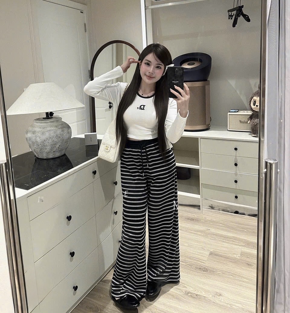 長袖上衣两件套搭配條紋褲 （三件套）