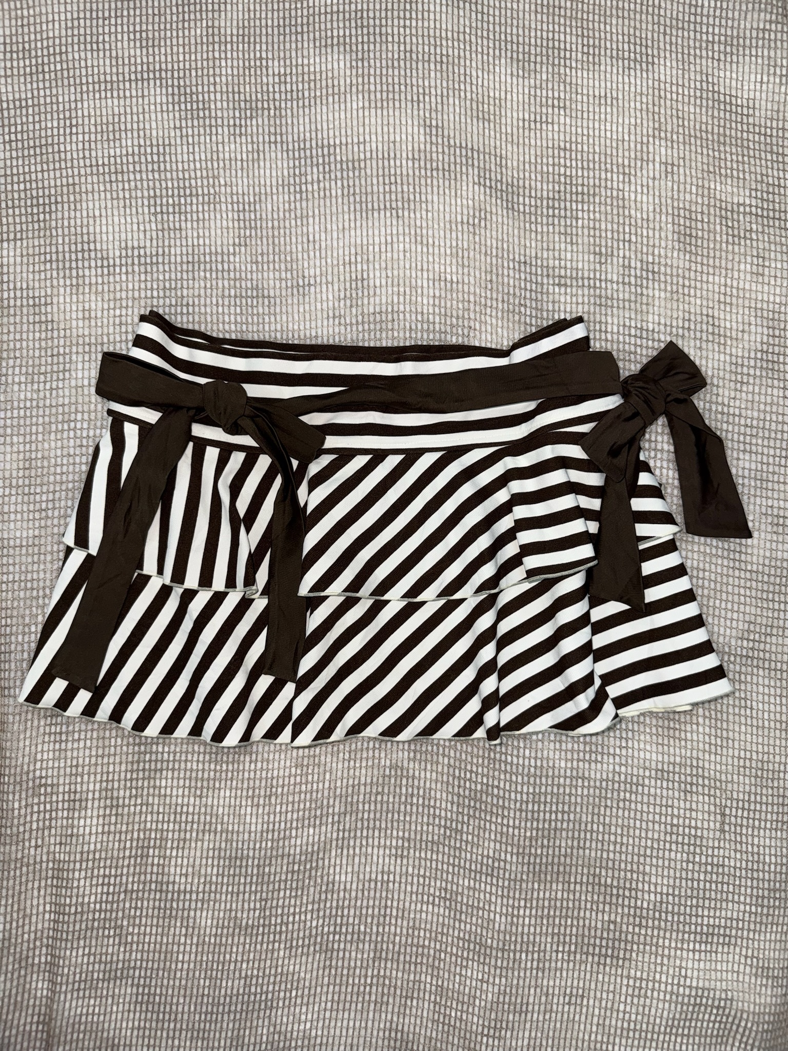 Diagonal Stripe Tiered Skirt with Ribbon Belt