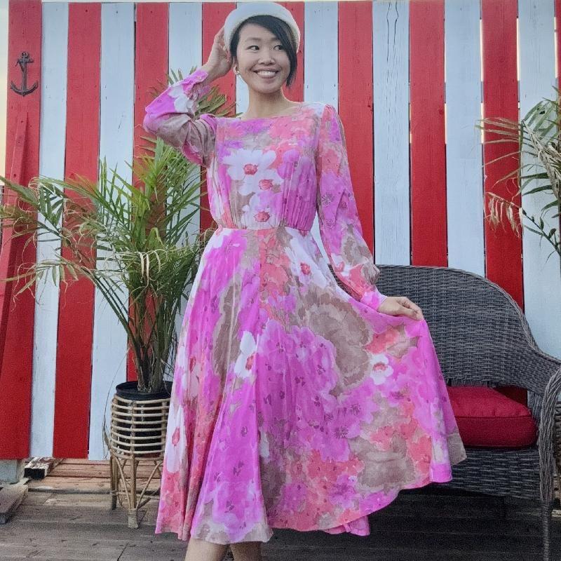 Vintage Artistic Ink Painting Floral Art Pattern Long Sleeve Light-weight Dress(MT1625)