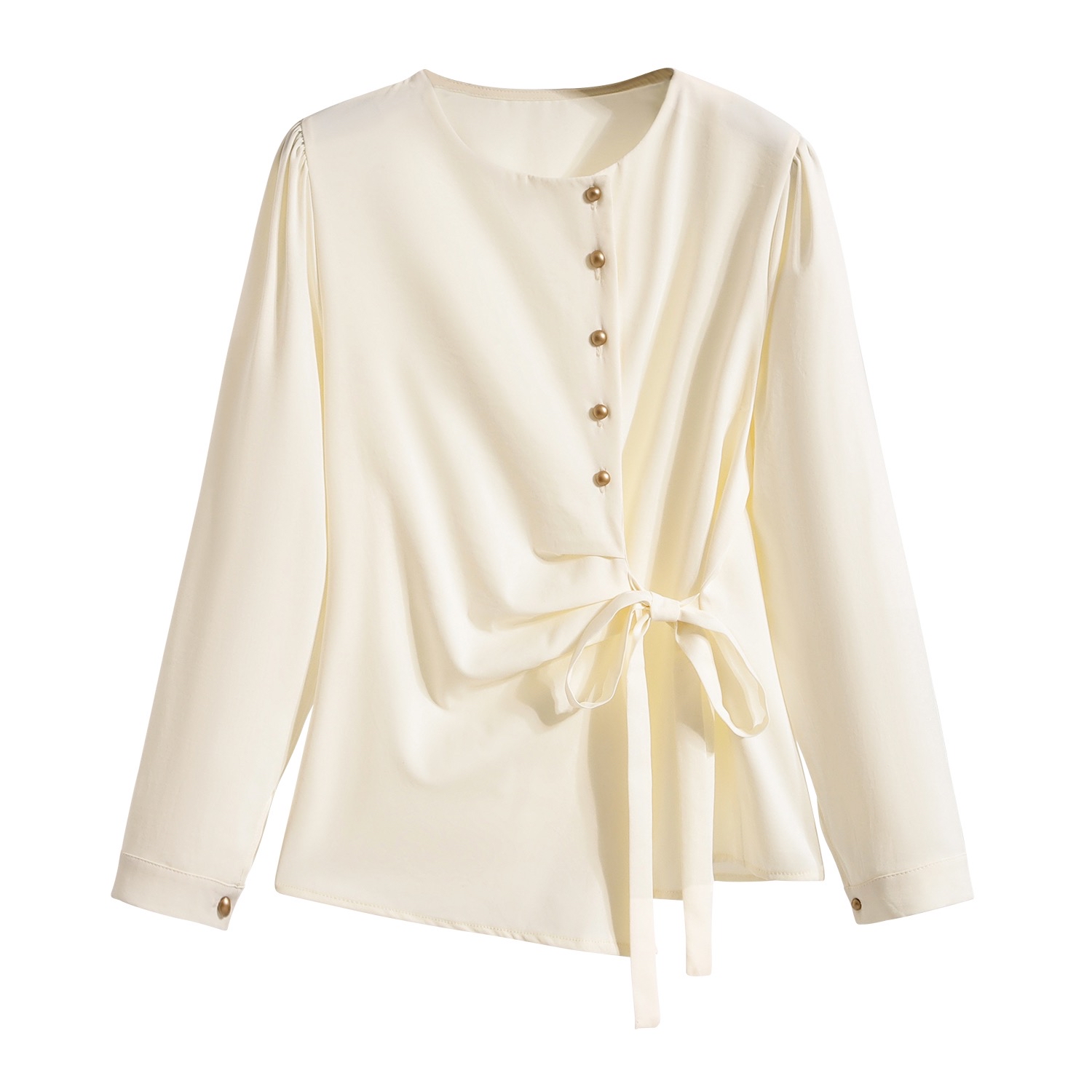 B310(8009) 法式休闲边排金钮腰边褶皱系带蓝杏上衣 