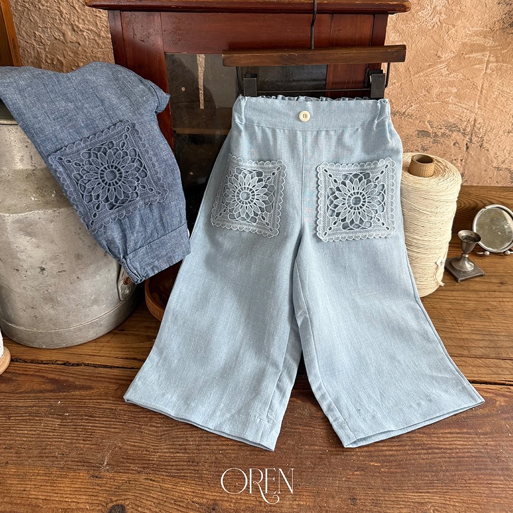 ☀️預訂 韓國直送☀️🇰🇷Oren 兩色MARE蕾絲口袋亞麻牛仔色闊褲