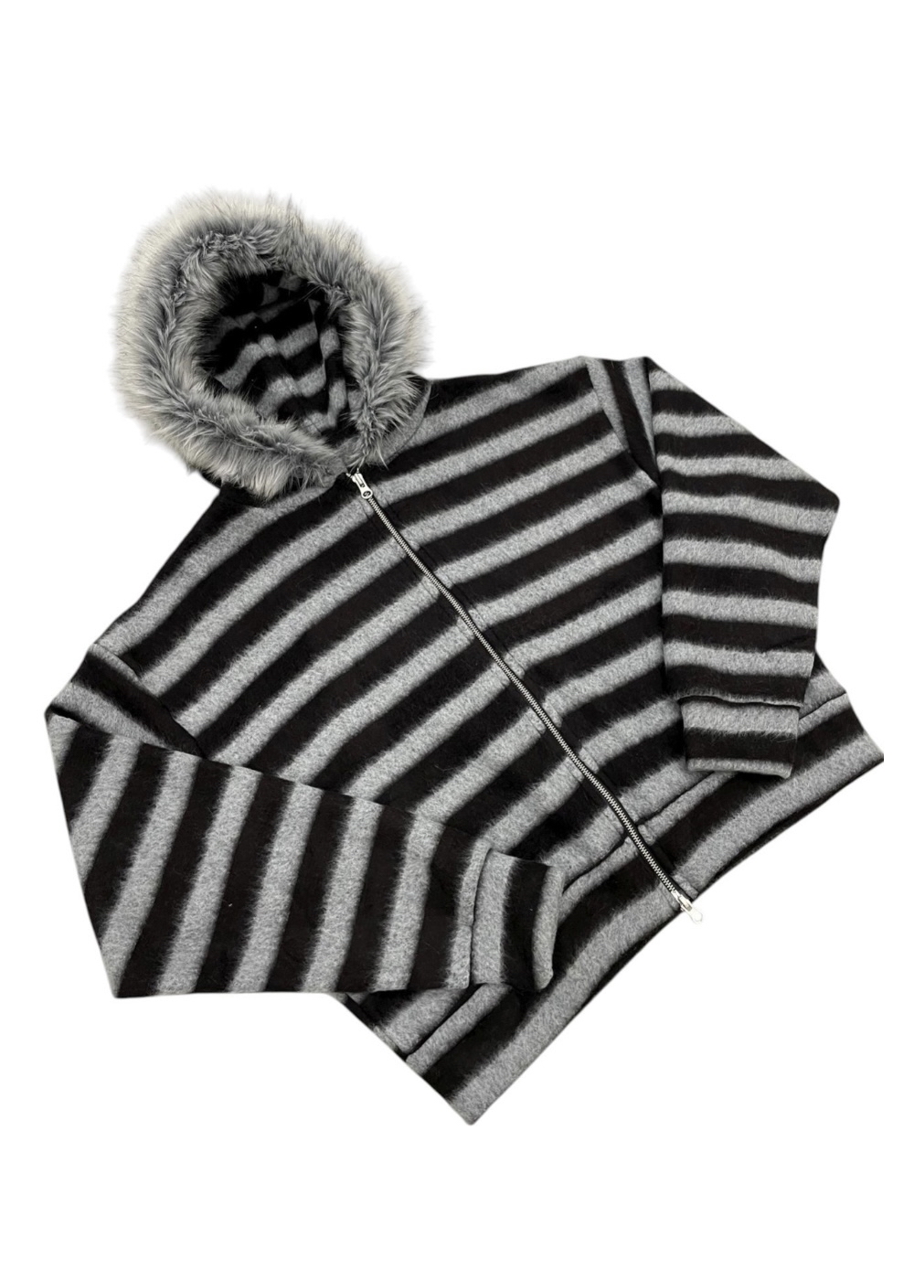Striped Faux Fur Zip Hoodie(Unisex)