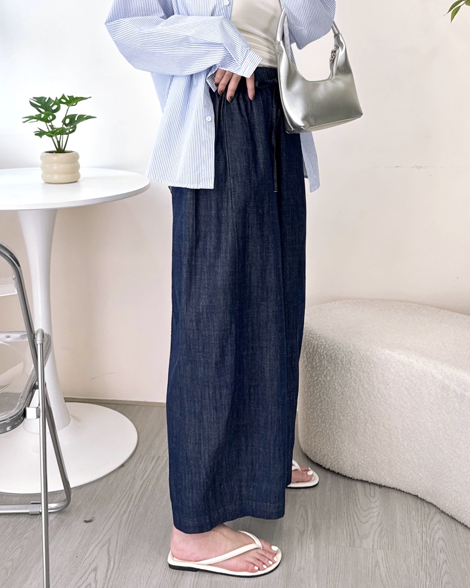 春夏全橡筋腰薄牛仔闊褲 