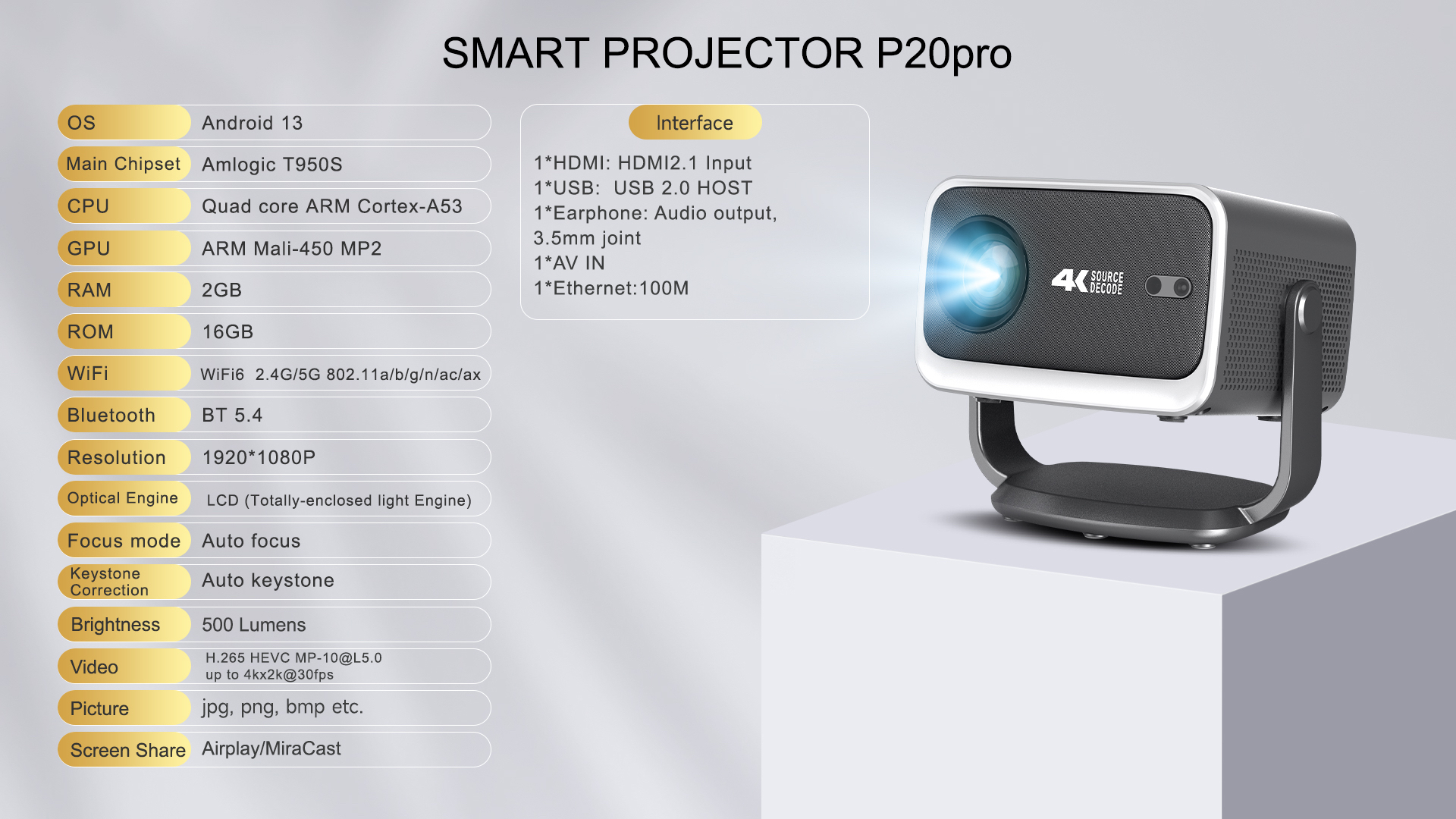 SAPPHIRE P20Ultra 智能投影機｜1080P全高清 升級版800ANSI流明｜電動對焦×4D梯形校正｜Android TV13.0系統｜WiFi6/藍牙5.4｜360°立體聲｜家用辦公影院投影機