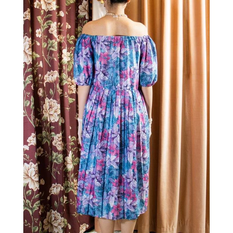 Remade - Made in USA Tropical Violet and Blue Floral Off-shoulder Day Dress (MU104-13)