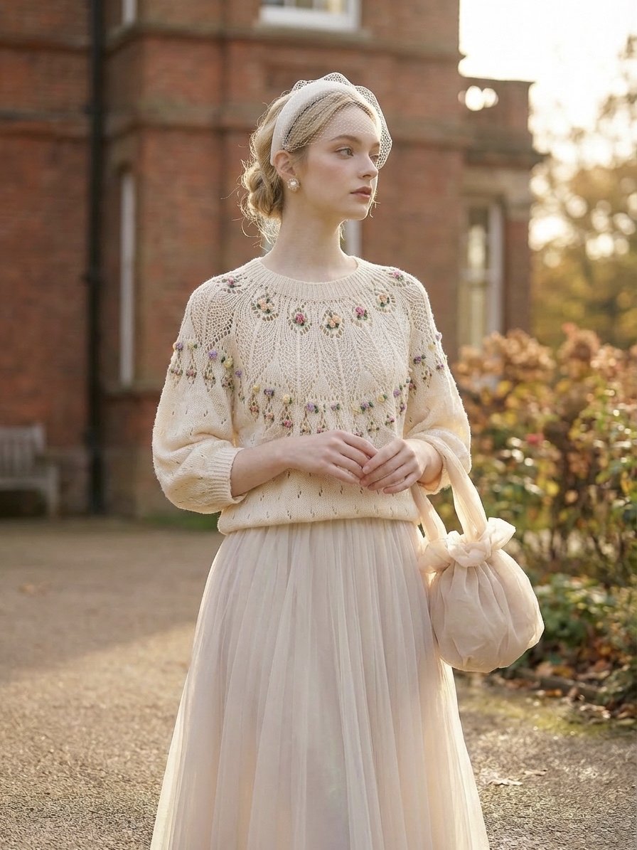 Stumpwork維多利亞手工立體刺繡小花仙子圓領針織