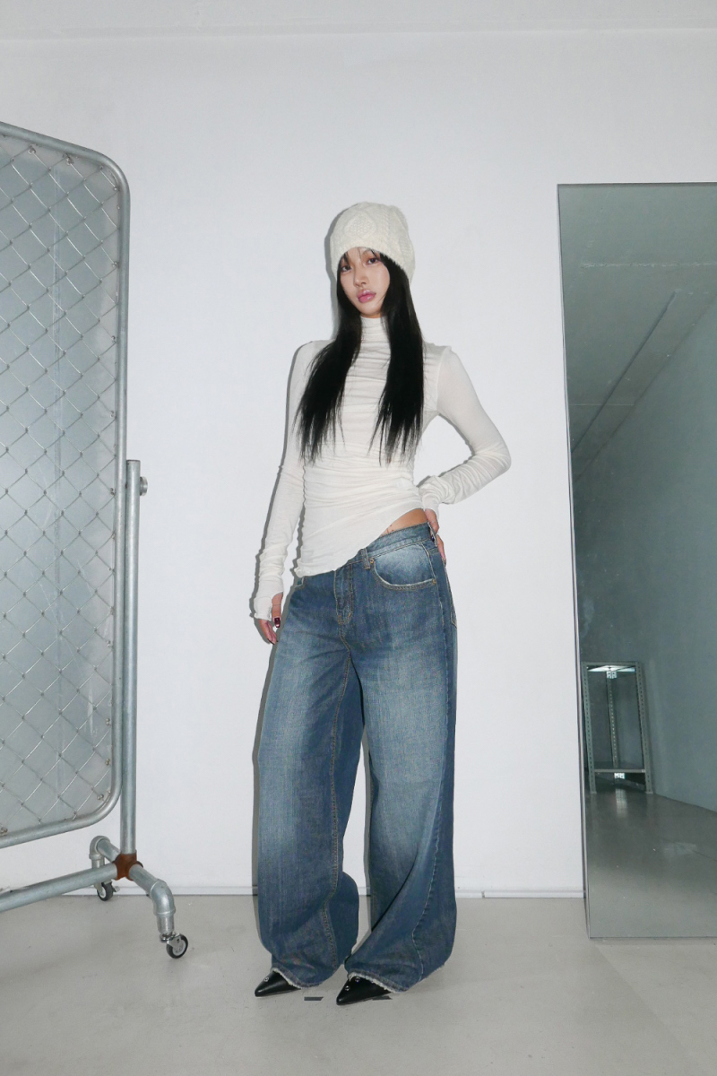 Ruched Asymmetrical Turtleneck Top