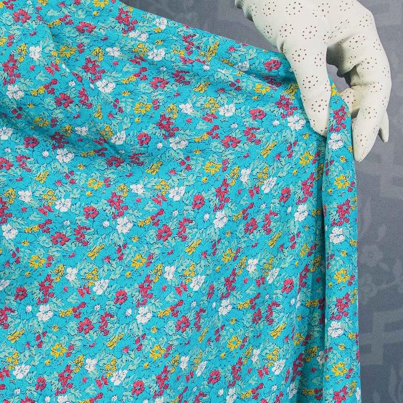 C.a. 1980s Karin Stevens Scattered Floral Pattern Turquoise Low Waist Dress with low Waist collar - Plus Size(MU103-10)
