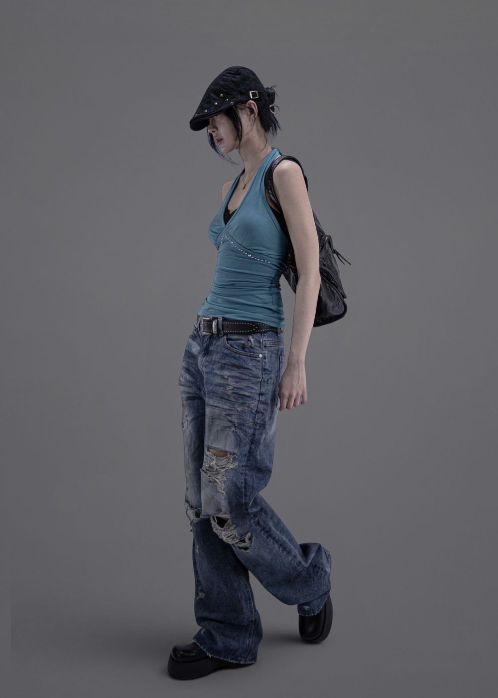 Studded Ruched Halterneck Top