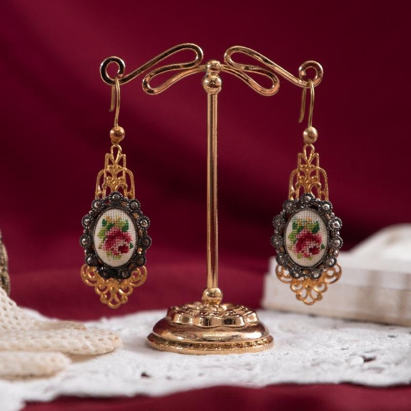 Vintage Rose Petit Needlepoint Hook Earrings - Recomposed New Old Stock (NZ006-1)