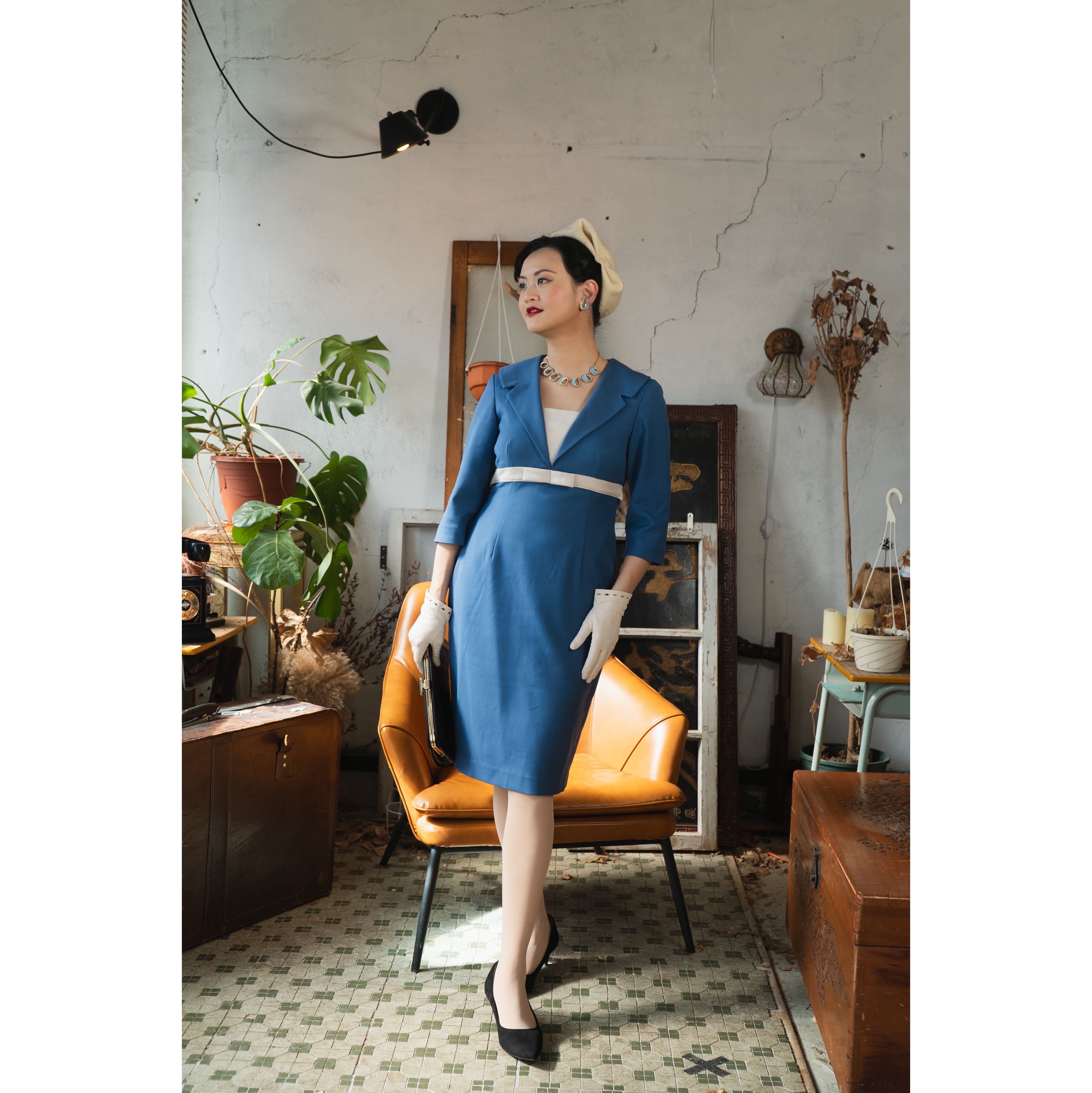 (Ready Made) 1960s Style Blue & White Secretary Wiggle Dress(FM193)