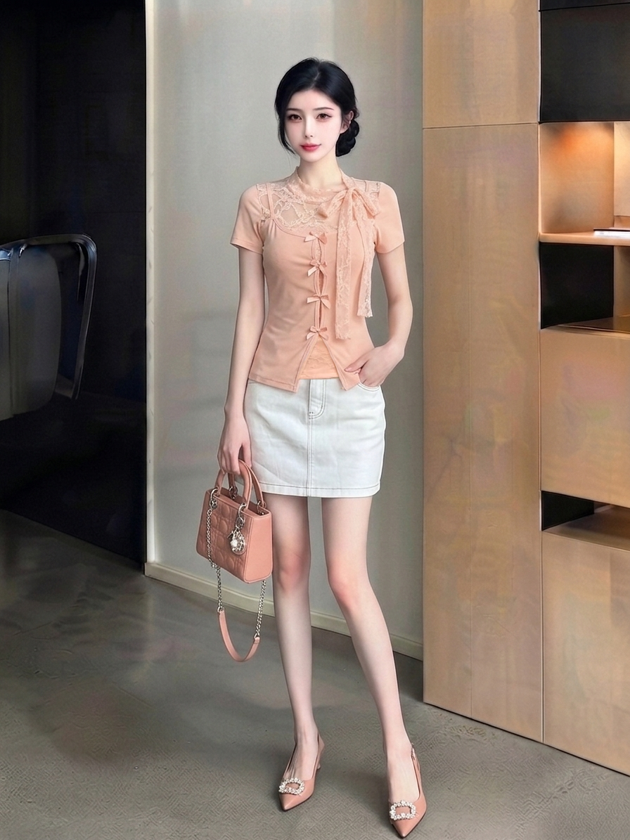 Mesh Lace Fake Two-Piece Top M234