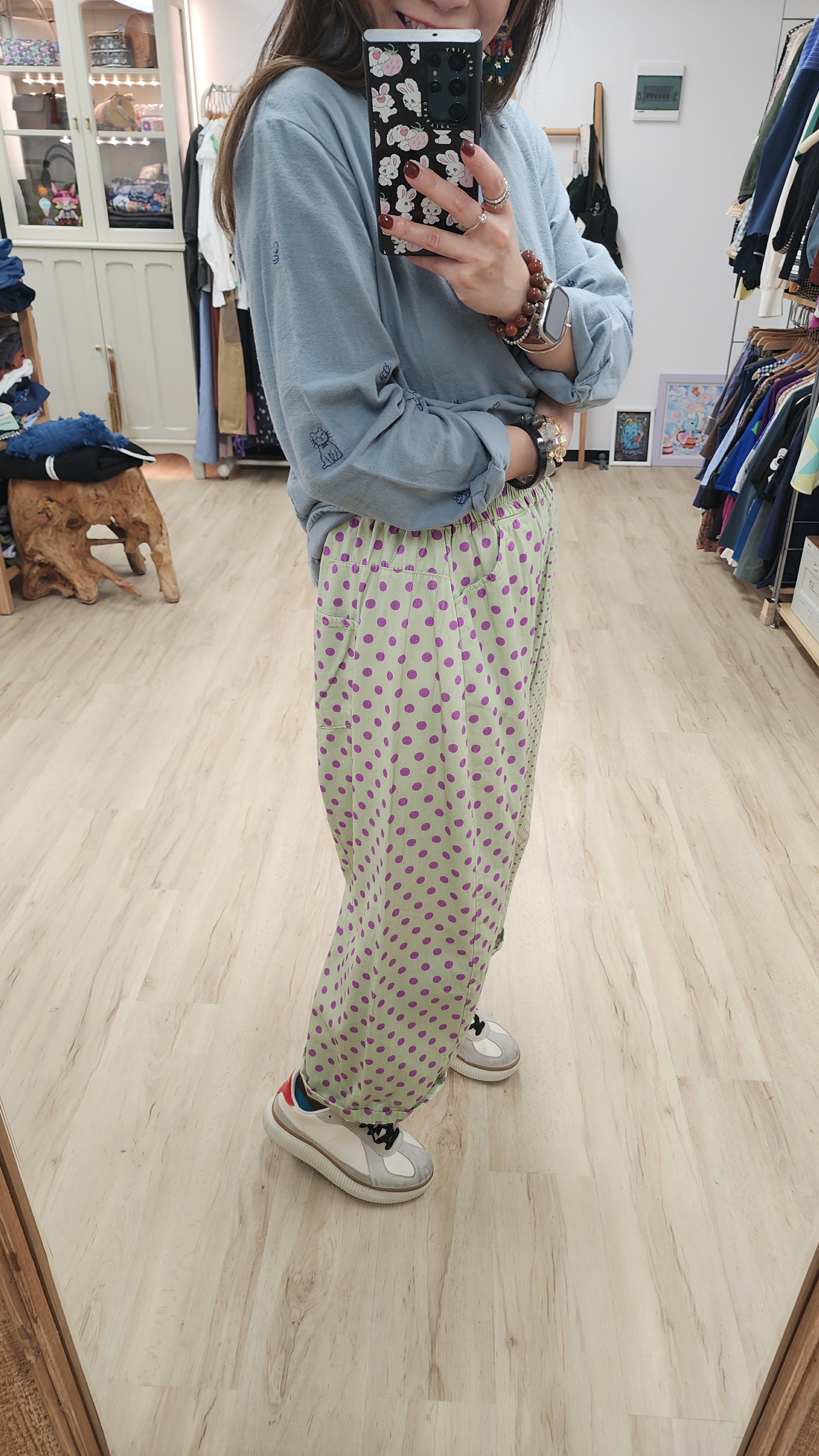 韓國薄荷綠拼紫鴛鴦波點斜布橡筋褲