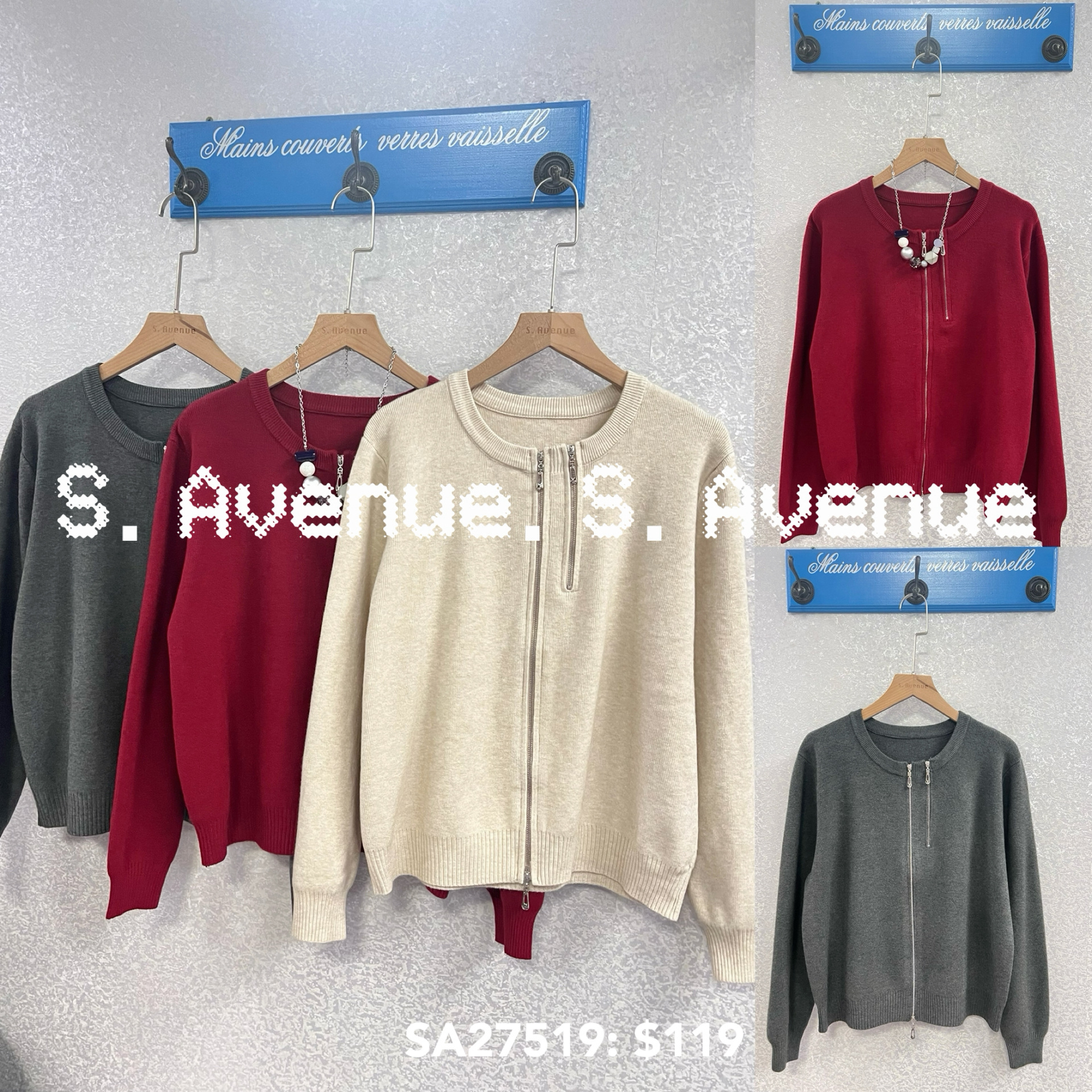 SA27519: 長袖前雙拉錬冷top