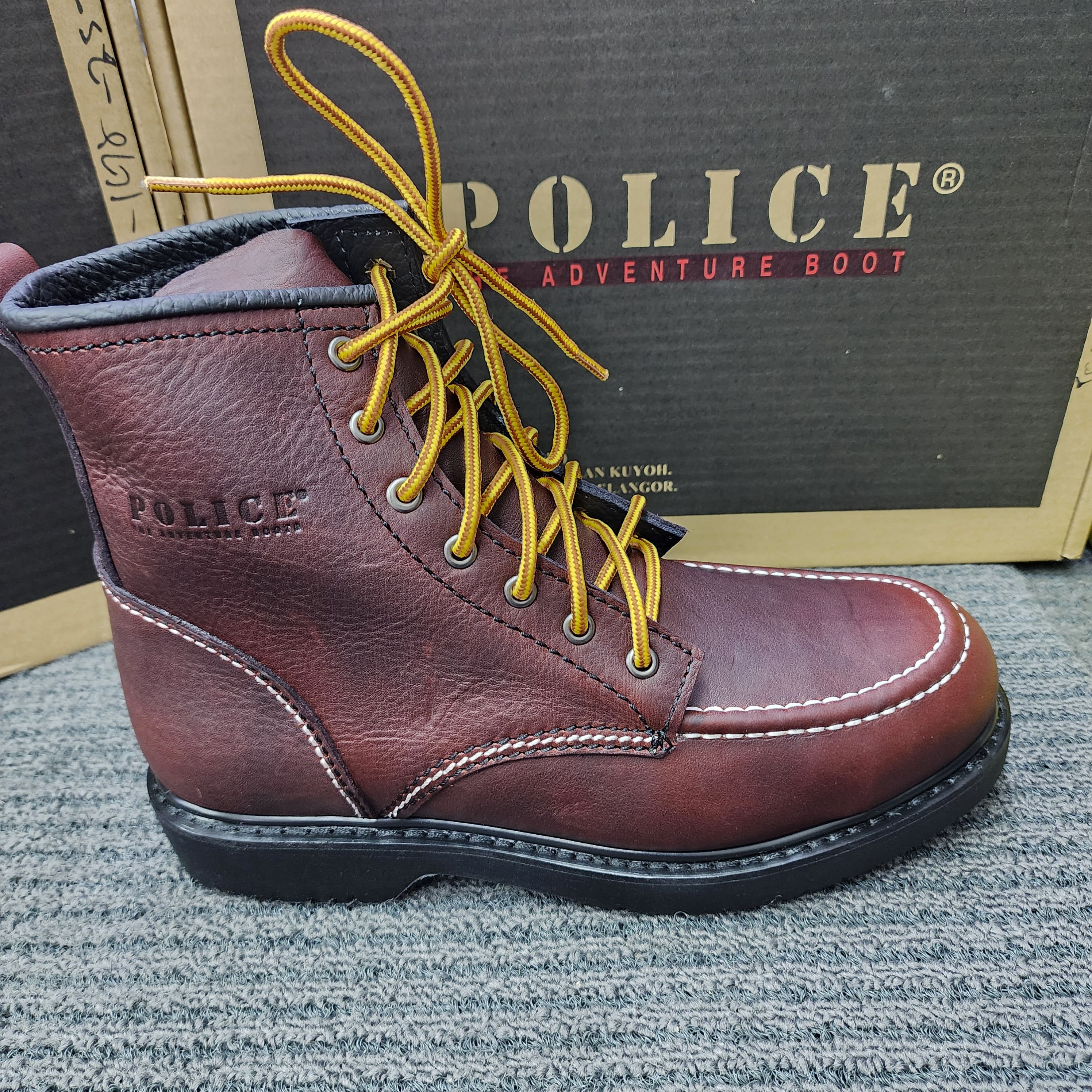 Police Safety Shoes 90199 Midcut Lace Tapak Hitam Kasut Keselamatan Brown Maroon Full Leather