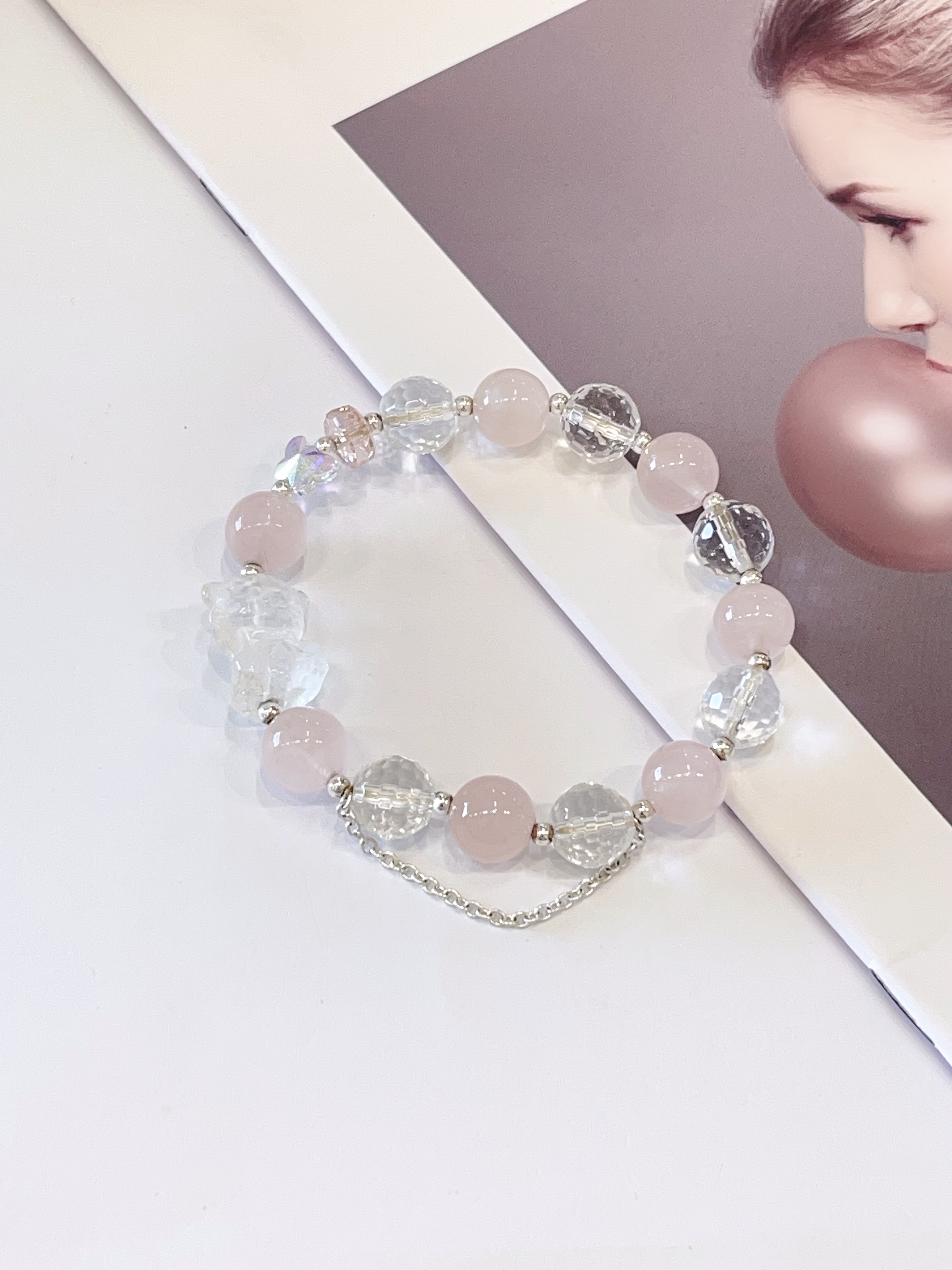 🤍 切割白水晶 × 粉水晶 × 白水晶小熊手串 Faceted Clear Quartz, Rose Quartz & Clear Quartz Bear  | 10mm