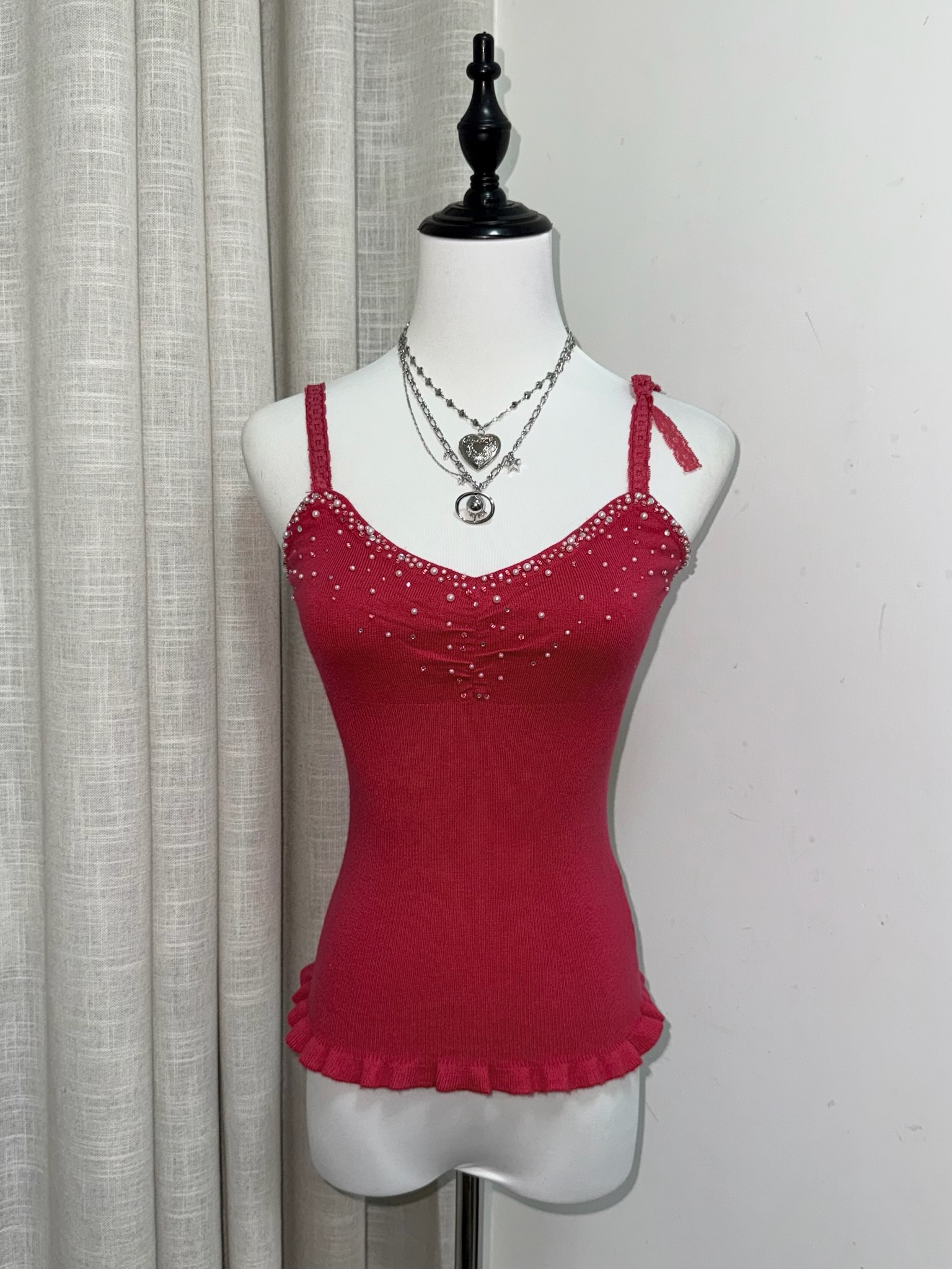 Sweet Y2K Hot Pink Pearl Cami with Ruffle Hem