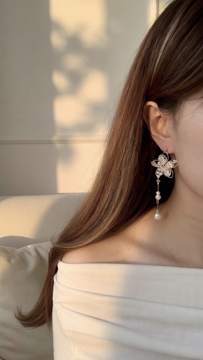 水晶珍珠花耳環💓