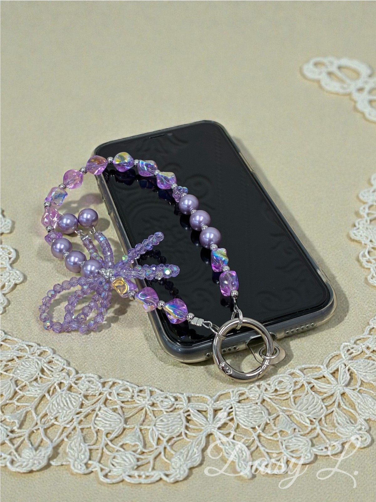 紫色水晶蝴蝶結手機掛繩