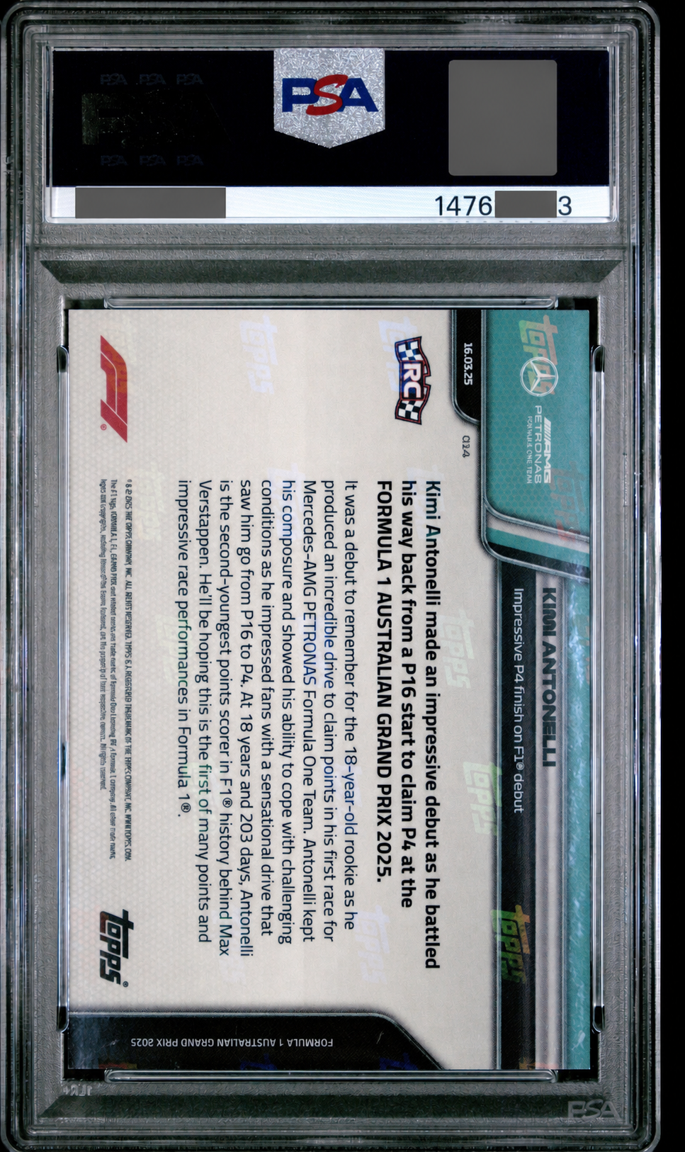 Kimi Antonelli RC - F1首戰 Topps NOW® #14 PSA 10｜新世代銀箭焦點卡・PR 7,291