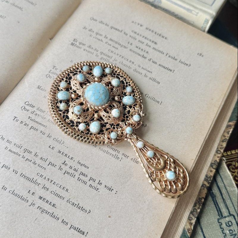 Vintage C.a. 1950s European Turquoise Glass Ornated Elegant Hand Mirror (MT2302)
