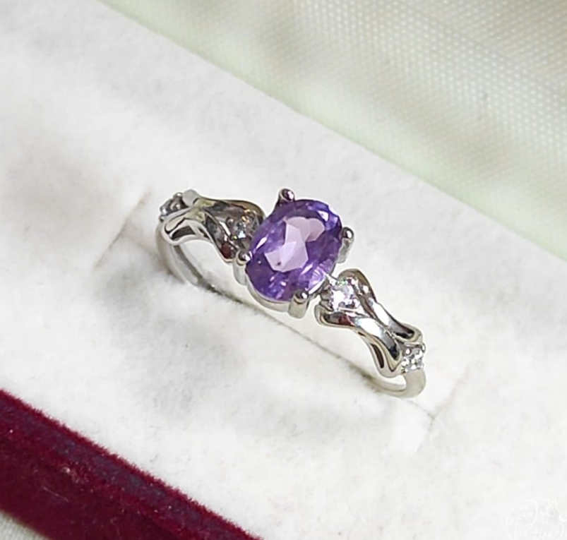 天然紫水晶精工s925銀微鑲鋯石開口戒指