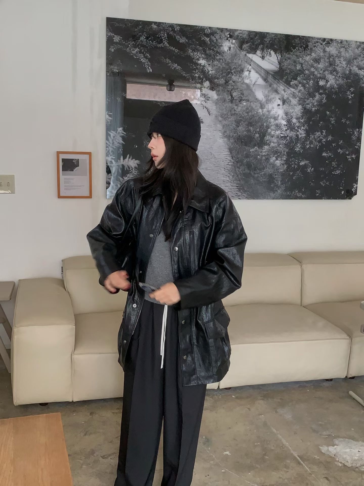 WJ5 收腰PU皮革中長版外套