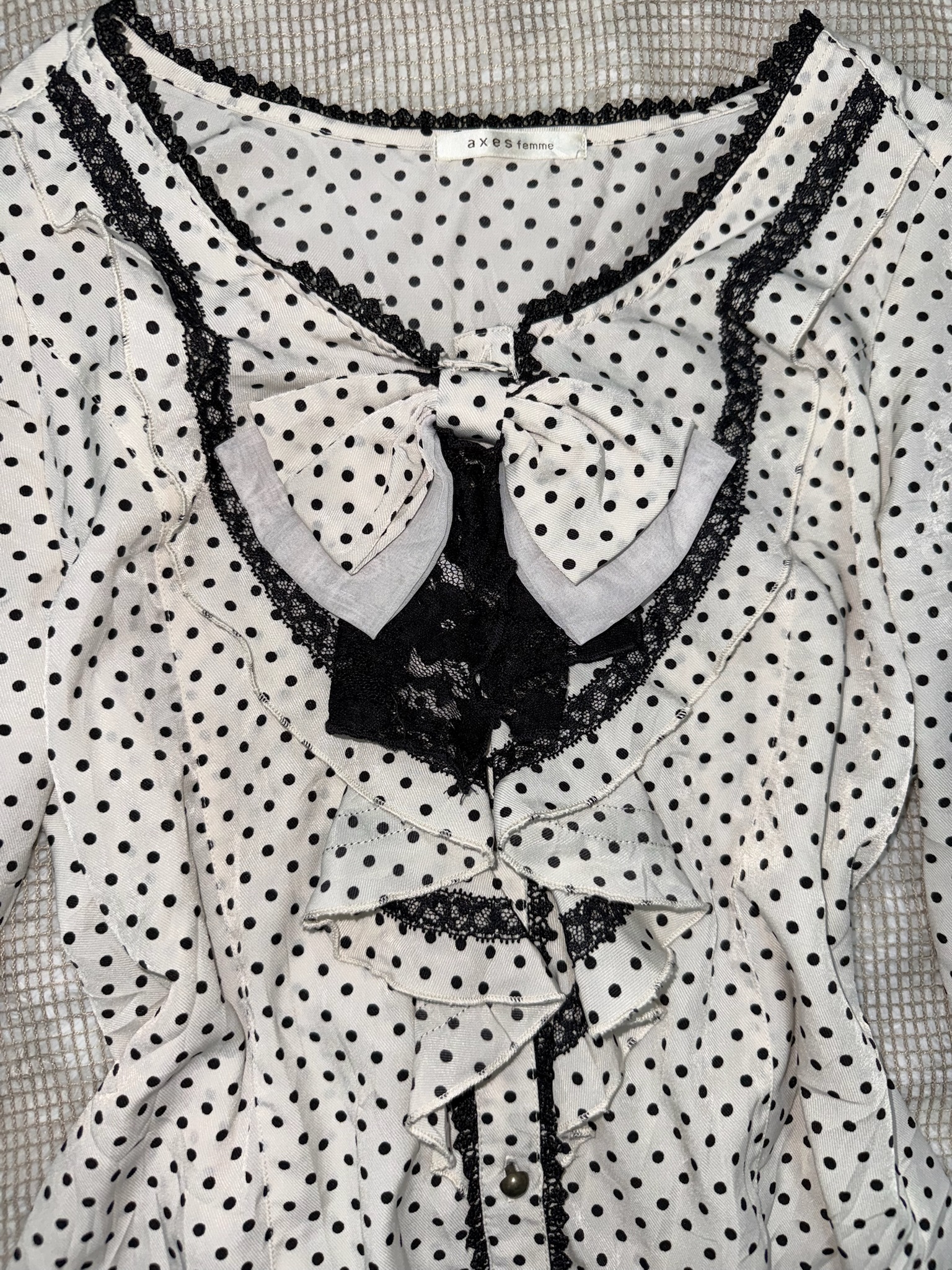 Axes Femme Black Lace Ruffles Polka Dot Large Bow Long-Sleeve Blouse