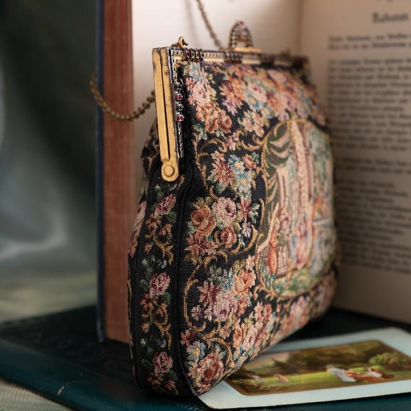 C.a. 1940s Floral & Garden Scenery Tapestry Handbag with Enamel Frame and Champagne Lining (MT2029)