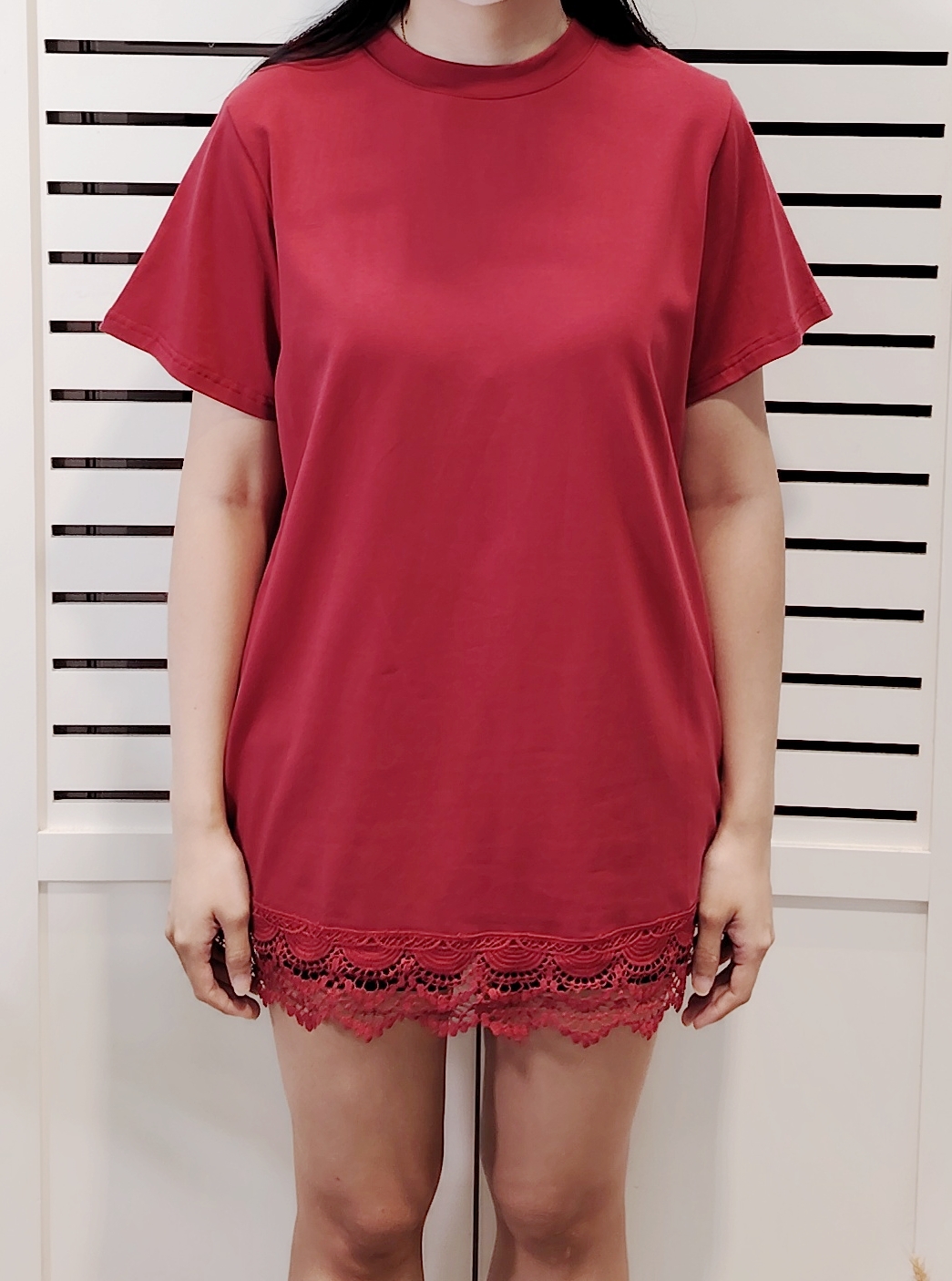LY1107  Lace Edge Short Sleeve Long  Tee