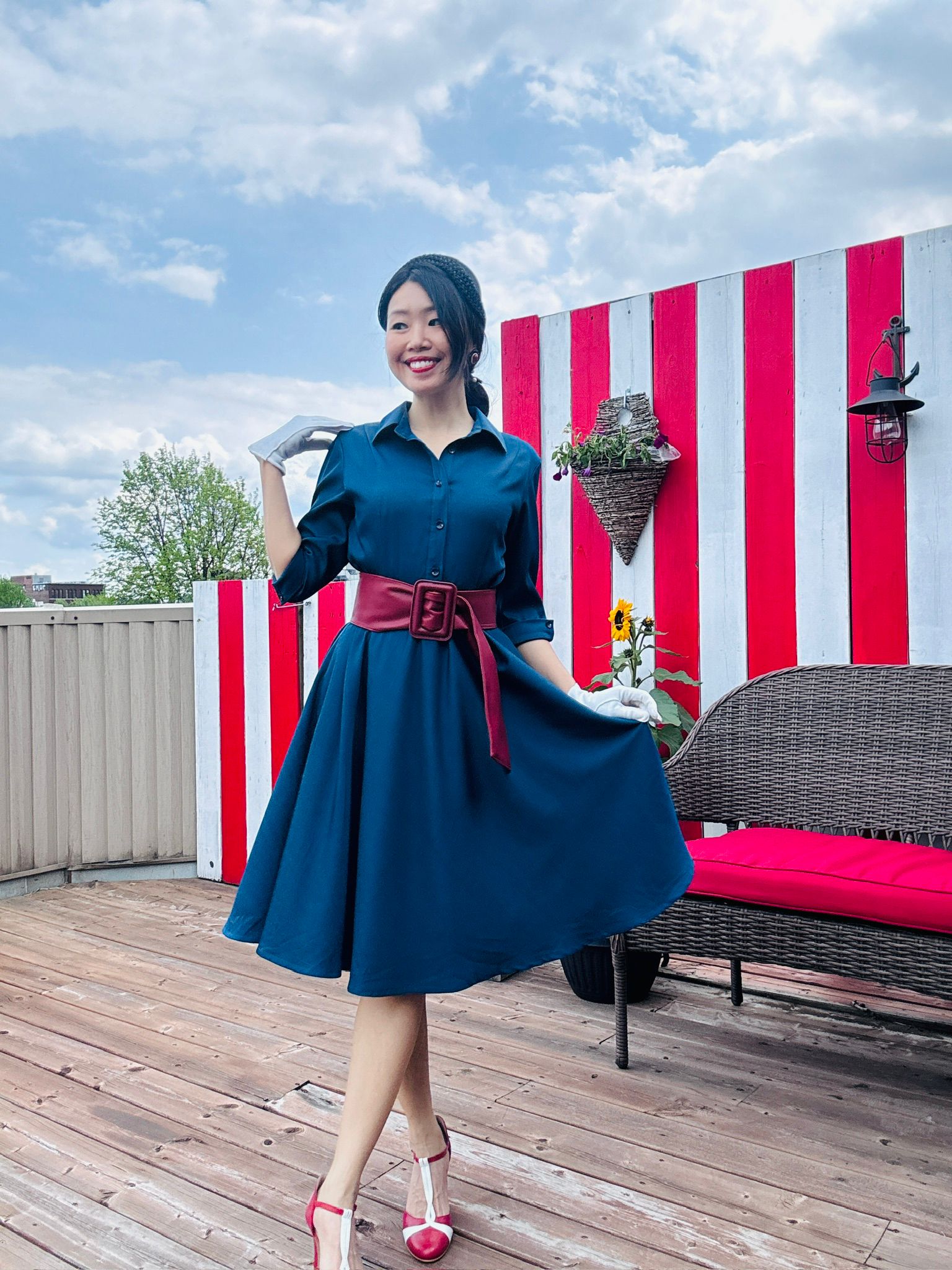 (Custom-Made) Midnight Heirloom Shirtdress with Vintage Buttons and Belt (FM237)