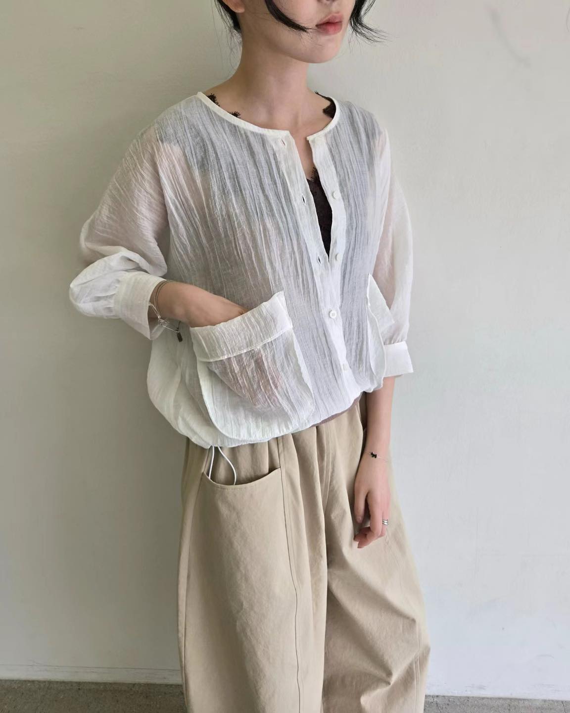 可束腳中袖皺皺恤衫外套