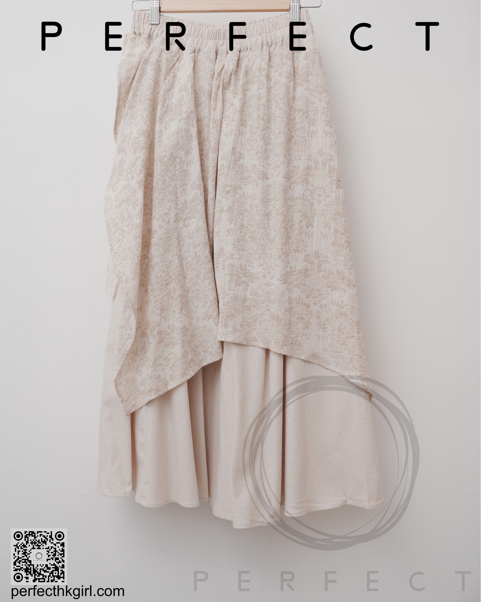 S0015_A字棉麻拼文青喱士拼佈裙（百搭米色）