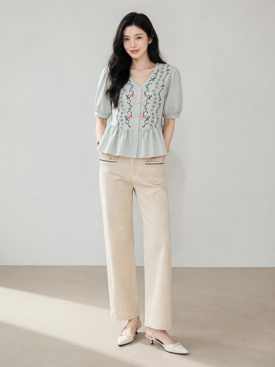 800081 Camellia Embroidered Peplum Top
