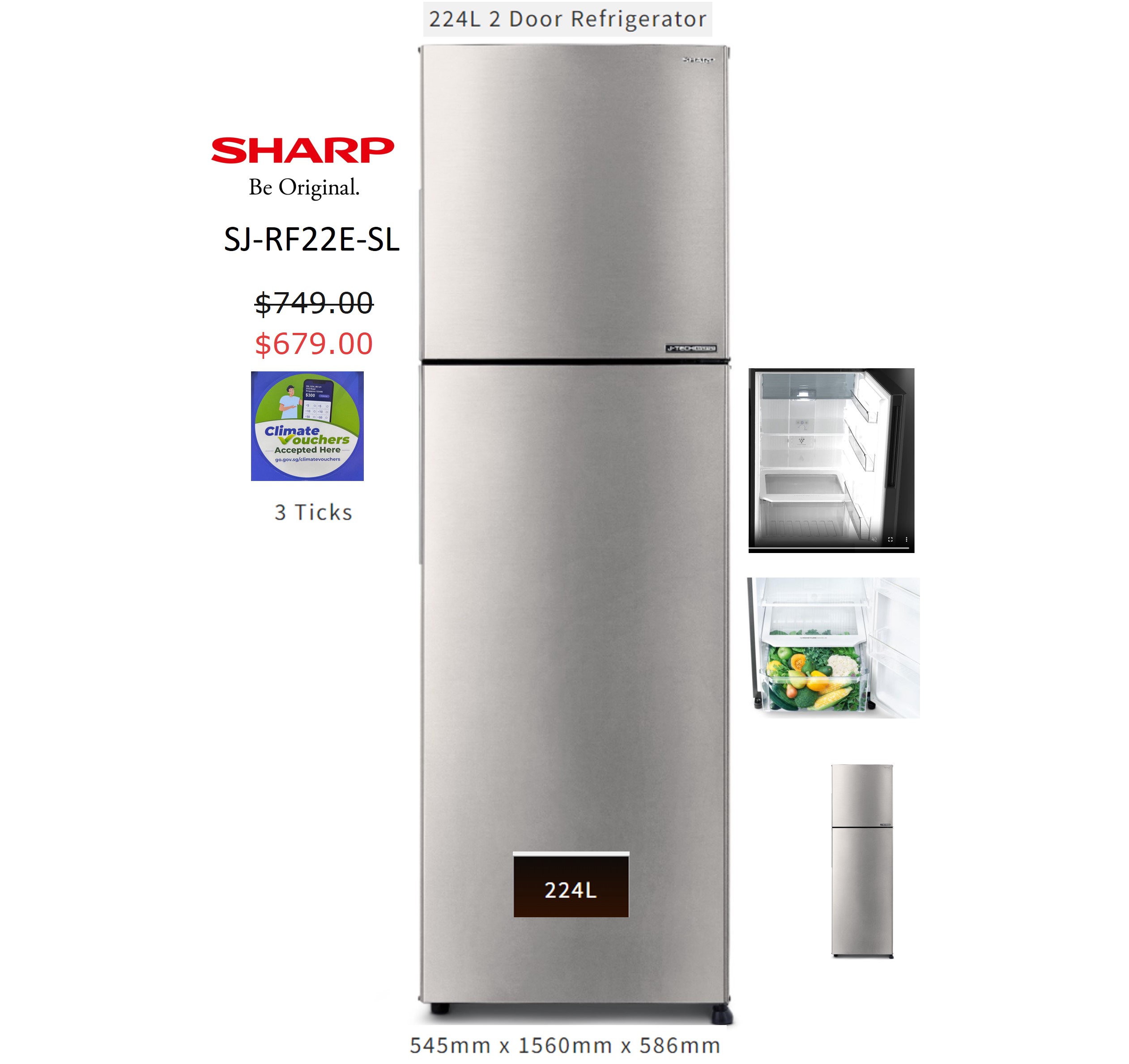 SHARP SJ-RF22E-SL TOP MOUNTED FRIDGE (223L) - SILVER