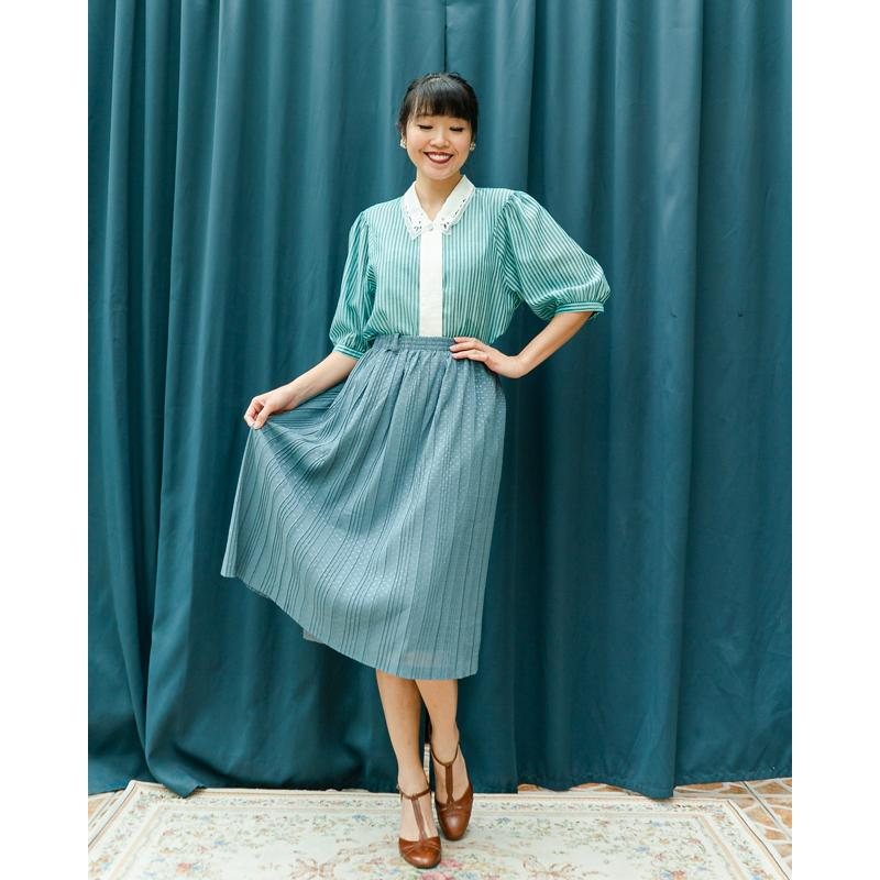 Vintage Embroidered Collar Turquoise Striped Blouse Shirt(MT1606-20)