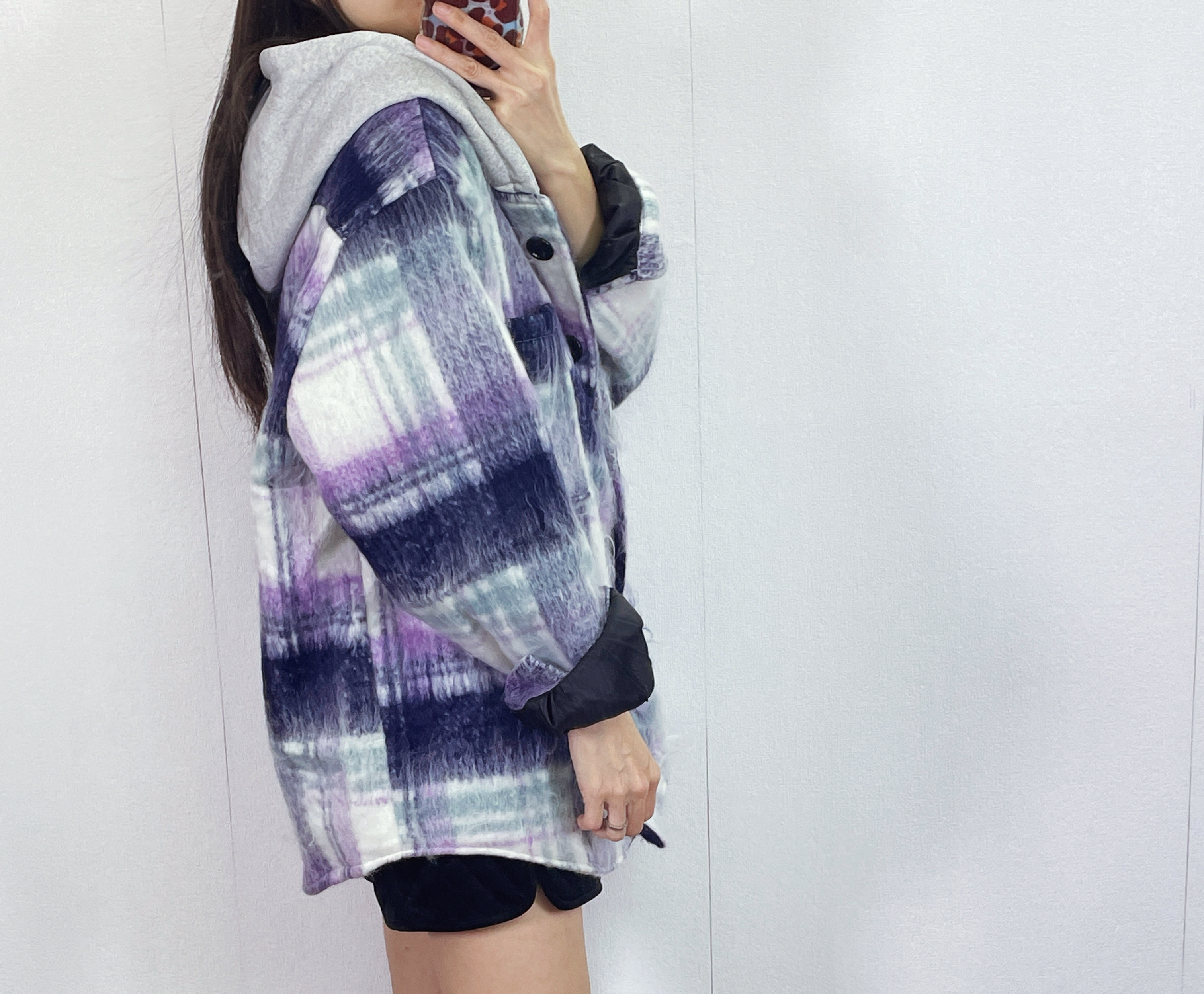 K5529 毛絨格仔有帽外套