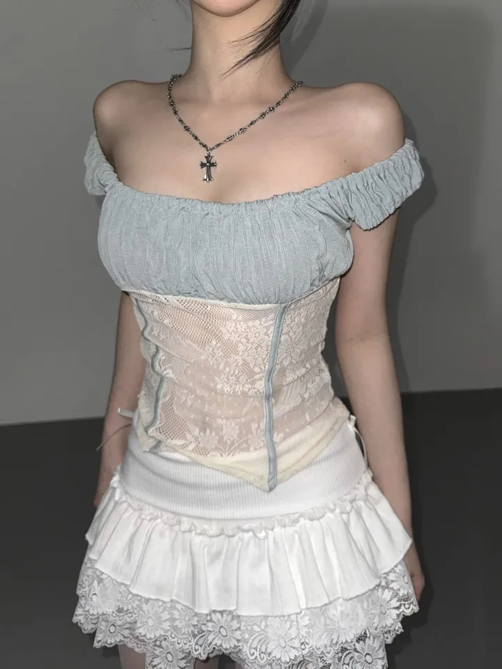 Ruched Sheer Lace Panel Corset Top