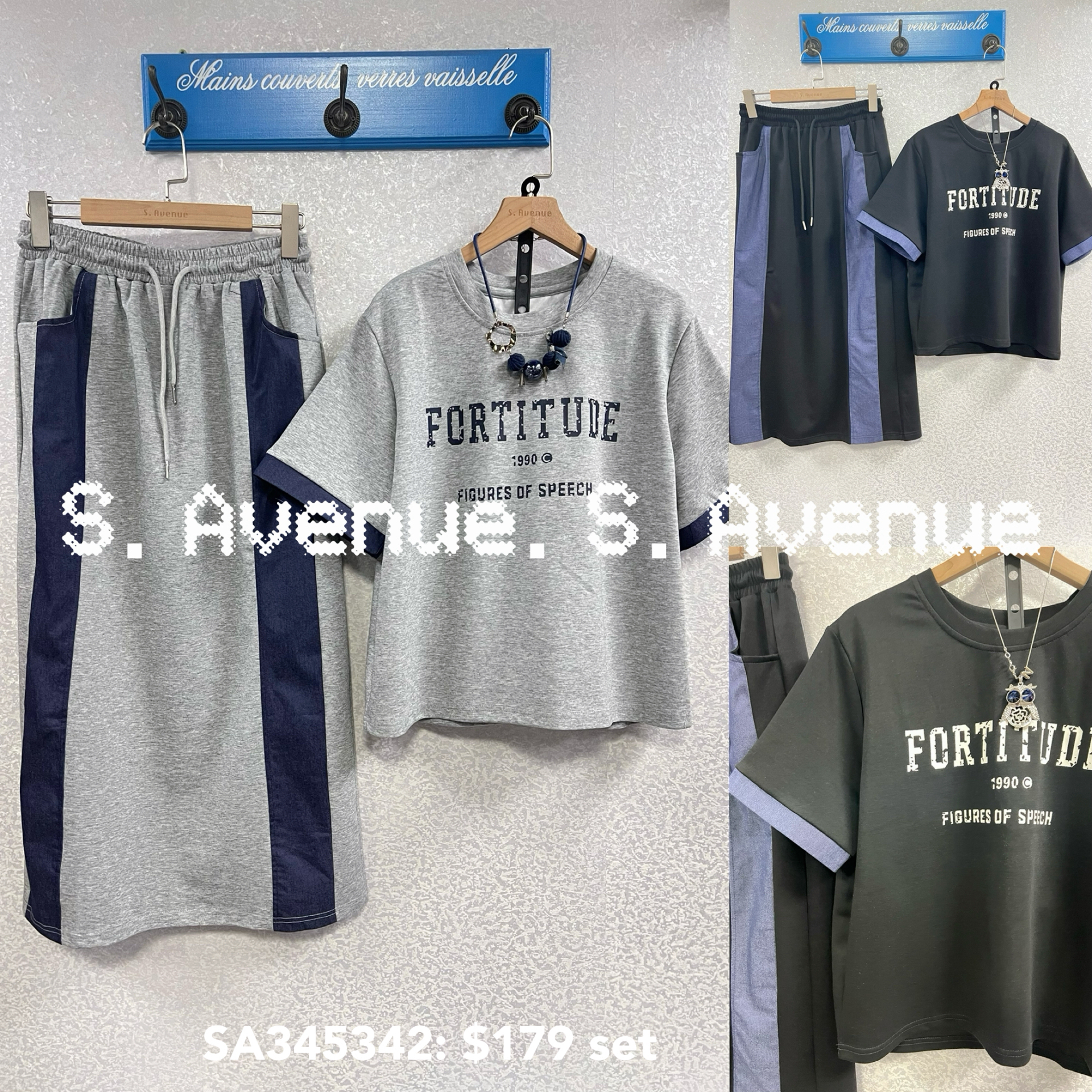 SA345342: 短袖牛仔邊英文字tee配半截側牛仔後開叉直身長裙套裝