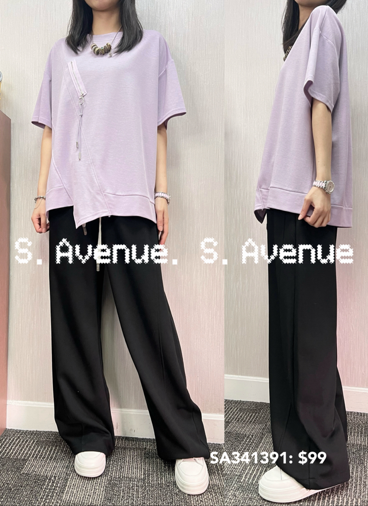 SA341391: 短袖前拉錬不規則腳鬆身tee