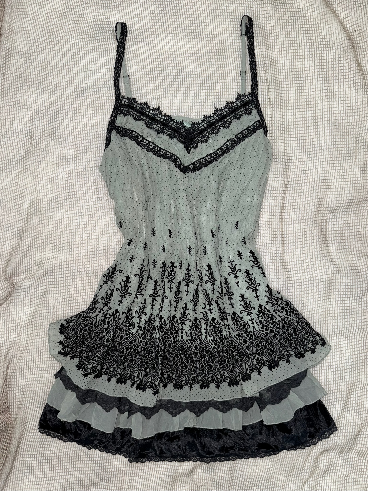 Axes Sage Green Mesh Slip Dress with Black Baroque Print and Tiered Lace Ruffles