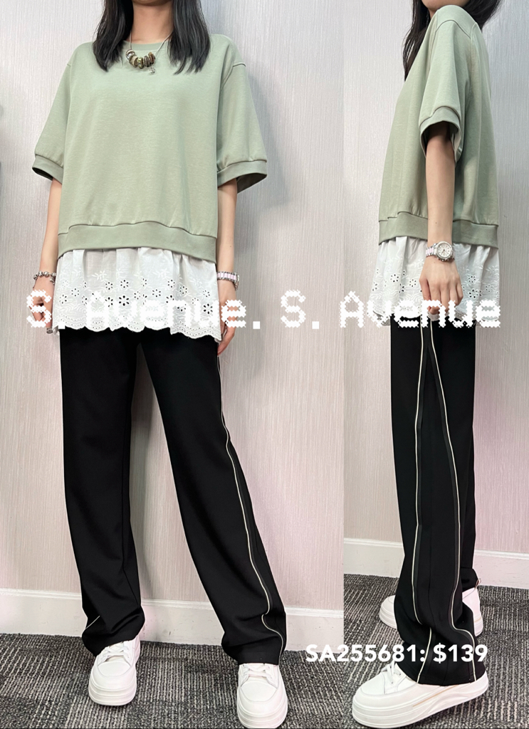 SA255681: 短袖淨色拼平紋棉lace