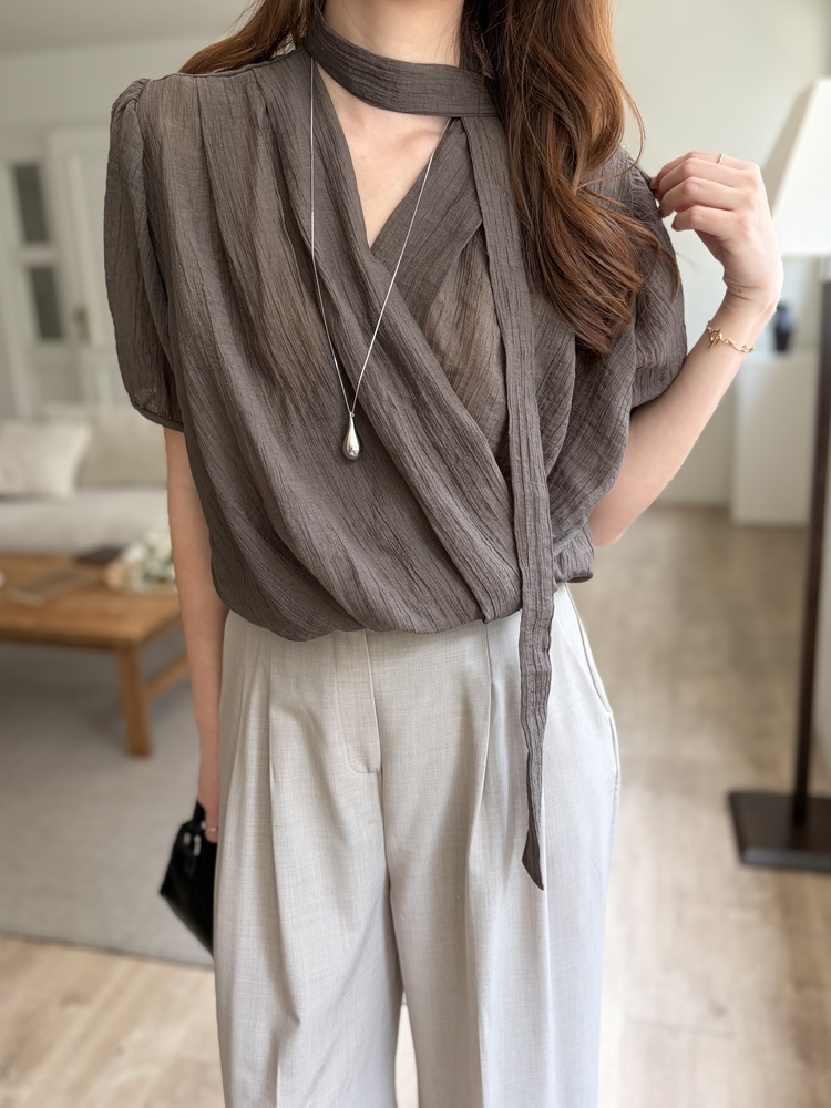Louise Wrap Blouse with Tie (Brown)