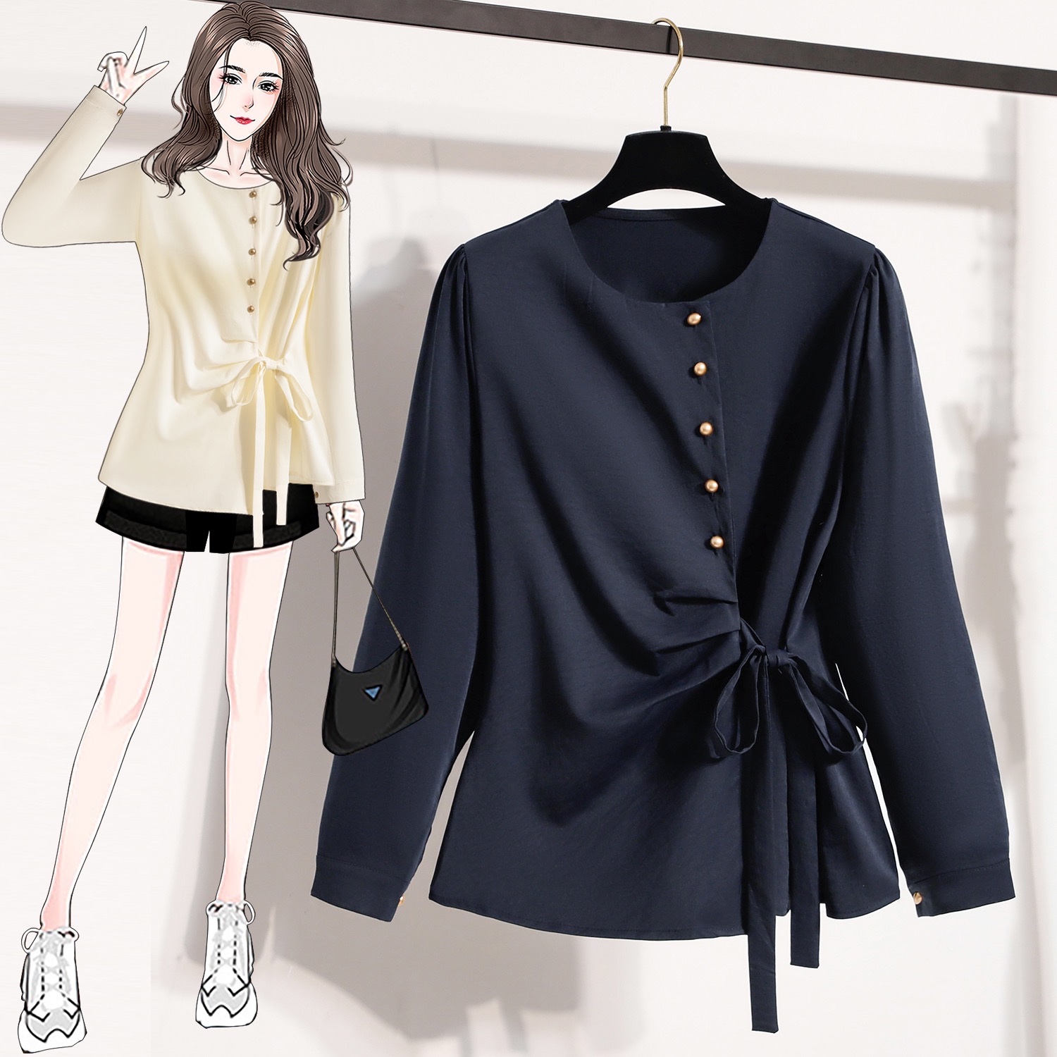 B310(8009) 法式休闲边排金钮腰边褶皱系带蓝杏上衣 