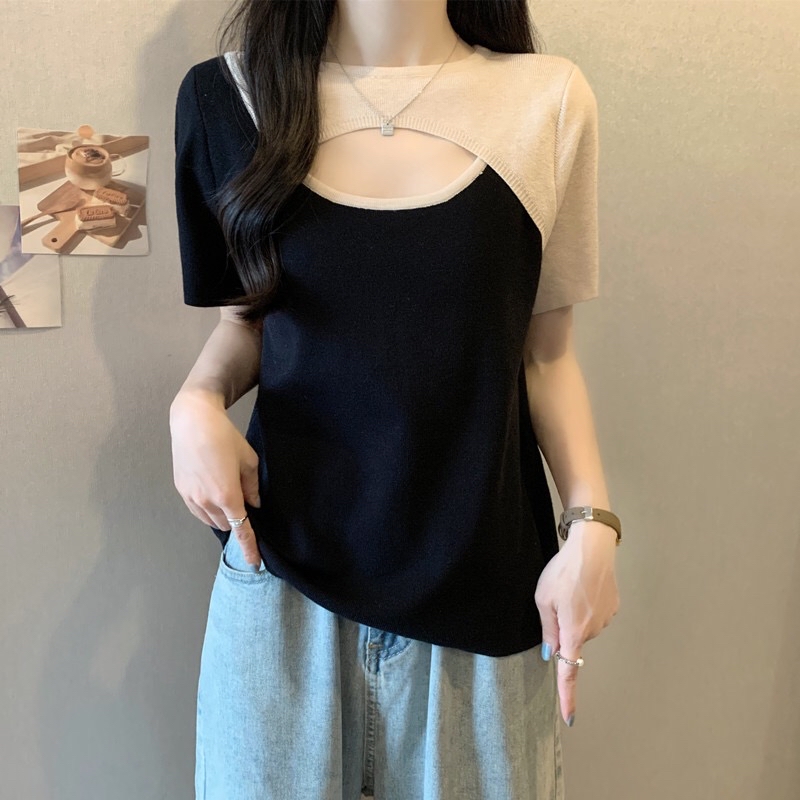 B02(882) 韩版气质拼接撞色肩袖前部镂空灰杏针织上衣