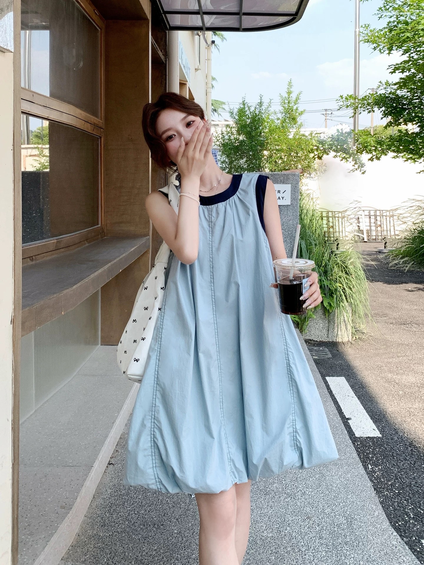 无袖圆领拼色宽松长款花苞裙｜CN02370323BLUE