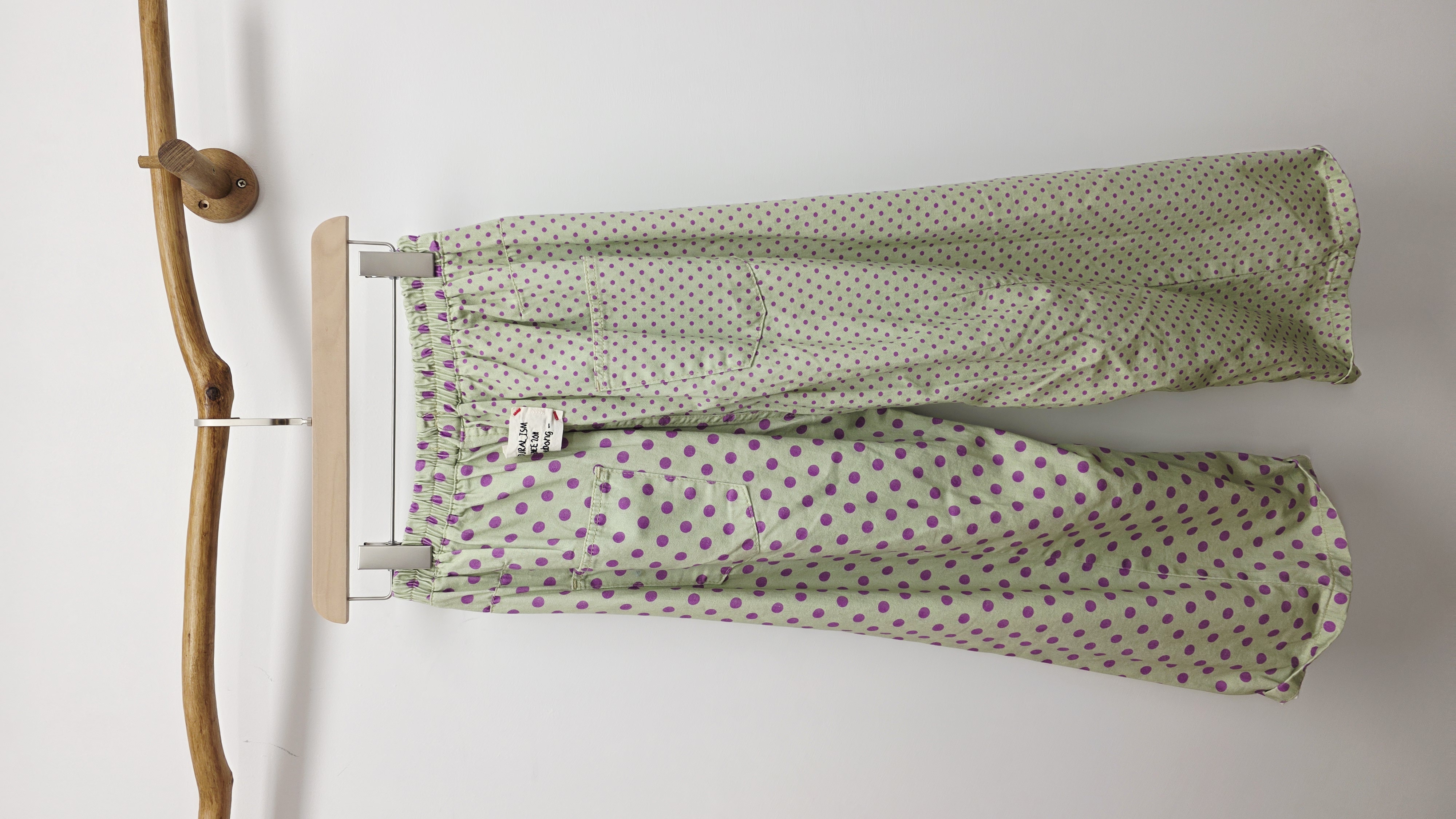 韓國薄荷綠拼紫鴛鴦波點斜布橡筋褲