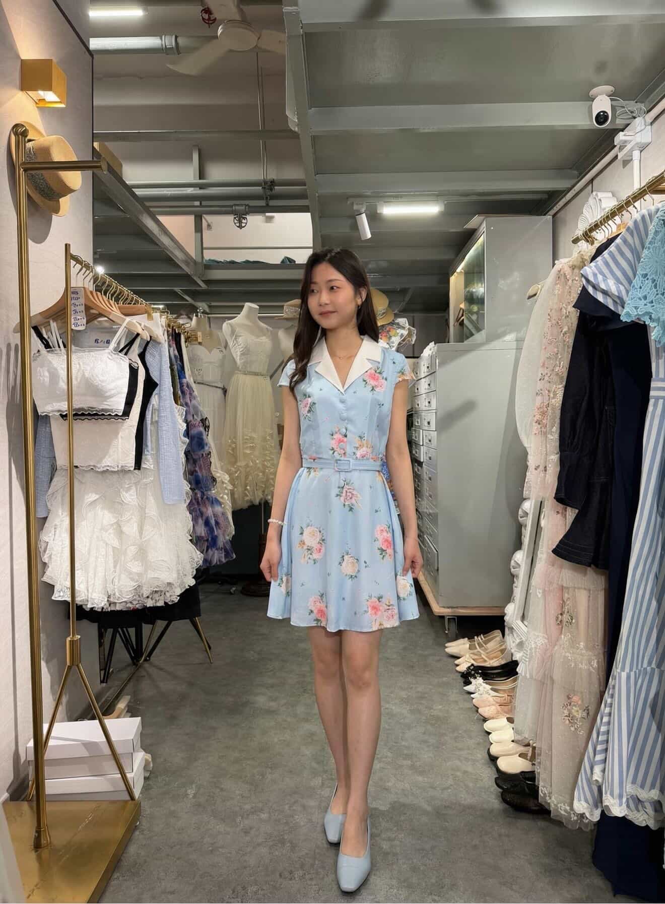 復古花卉領口連衣裙