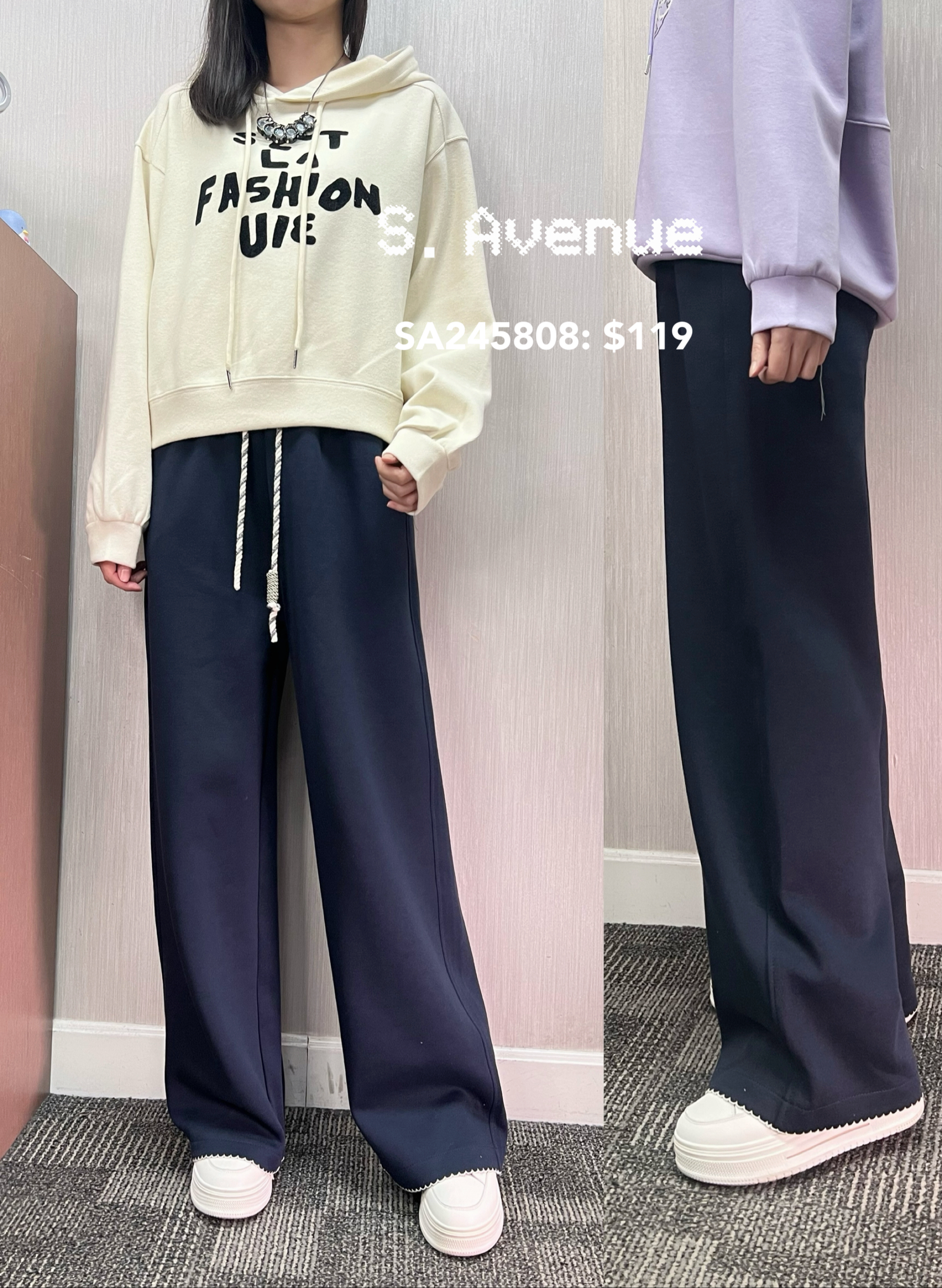 SA245808: 橡筋腰白色繡邊粗繩休閑褲